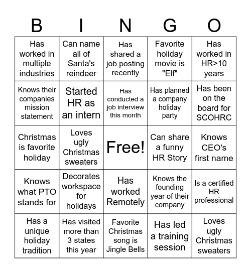 Holiday/HR Bingo Card