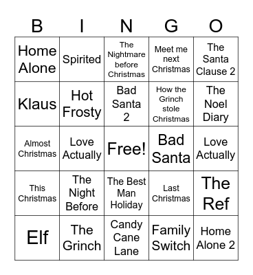 Holiday Movies Bingo Card