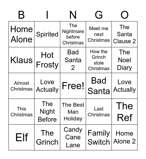 Holiday Movies Bingo Card