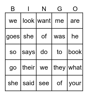 Heart Word Bingo Card