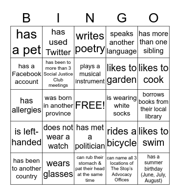 Community Action Training: People BINGO! Bingo Card