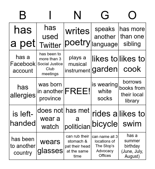 Community Action Training: People BINGO! Bingo Card