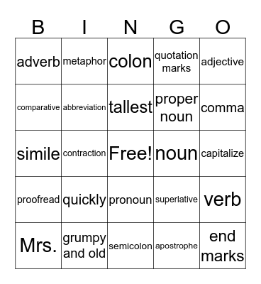 English One and Two Bingo Card