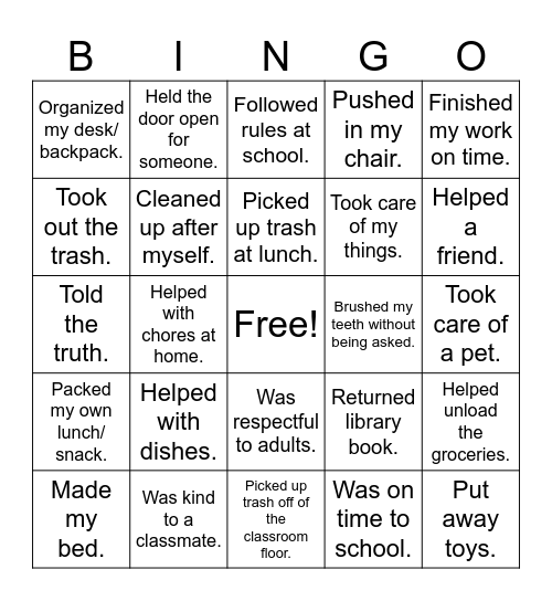 Responsibility BINGO Card