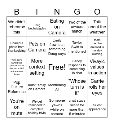 Vivayic Team Meeting- December Bingo Card