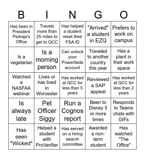 Financial Aid Office Bingo Card