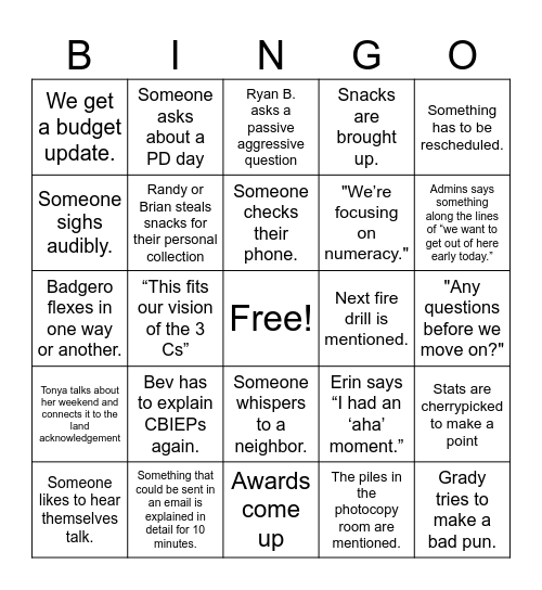 Brock Bingo Card