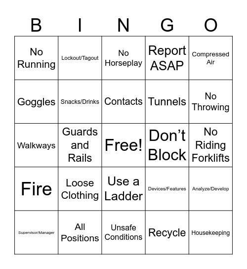 NSE SAFETY Bingo Card