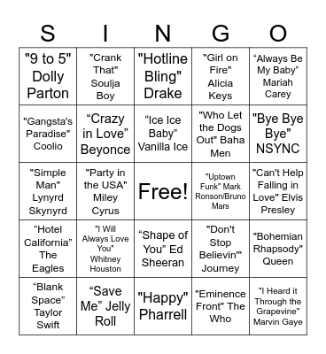 SINGO Bingo Card
