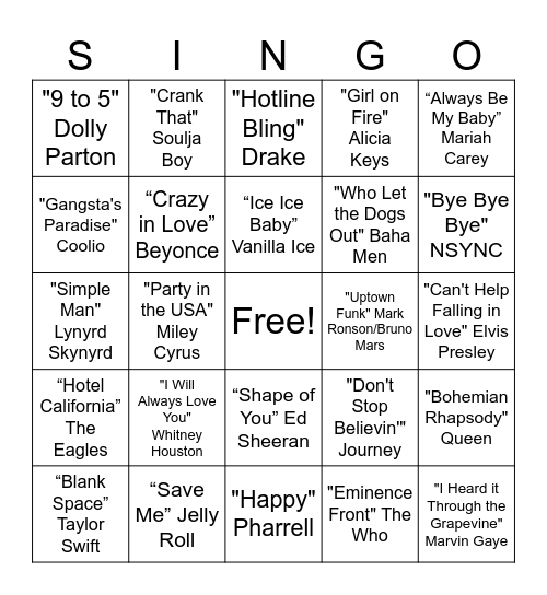 SINGO Bingo Card