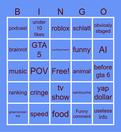 Youtube shorts bingo Card