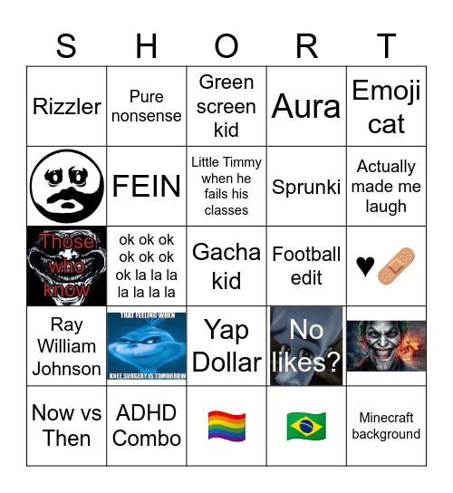 Youtube shorts bingo Card