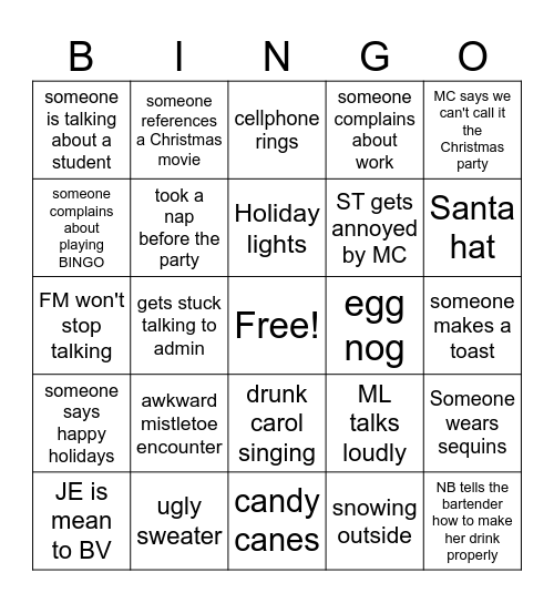 Suzuki Staff Holiday Party Bingo Card