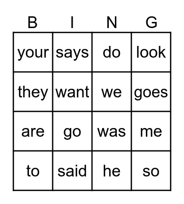 Heart Word Bingo Card