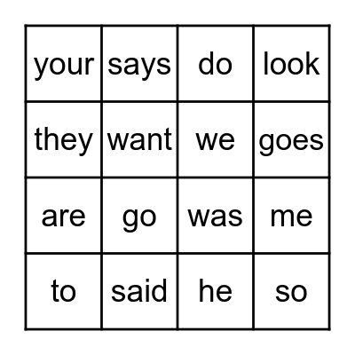 Heart Word Bingo Card