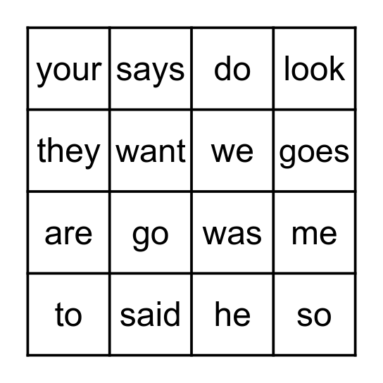 Heart Word Bingo Card