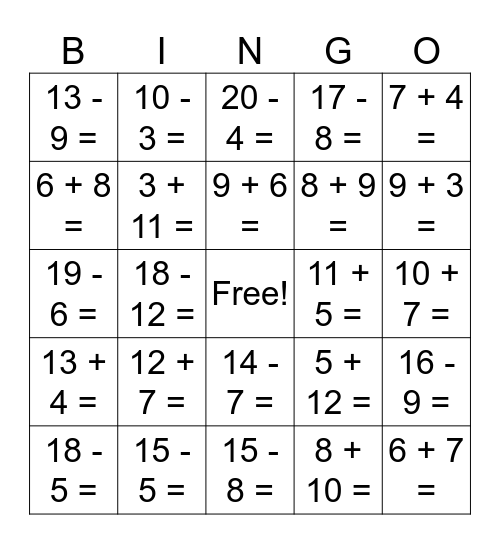 Addition and Subtraction within 20 Bingo Card