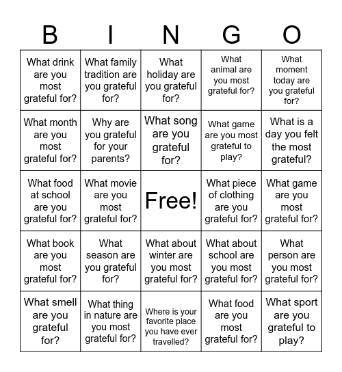 Gratitude Bingo Card