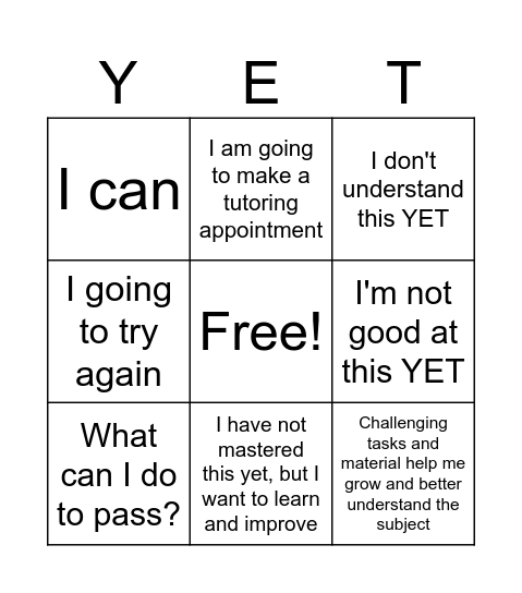 Growth Mindset Bingo Card