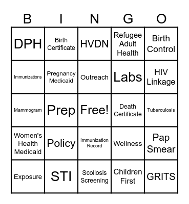Public Health Bingo Card