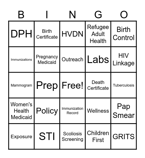 Public Health Bingo Card