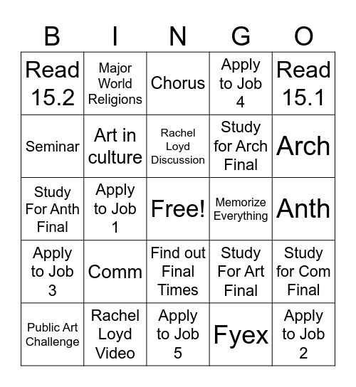 Week 15 Bingo Card