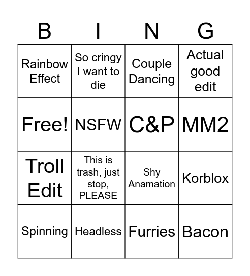 Roblox Edits Bingo Card