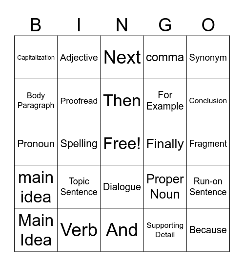 Writing Skills Bingo: Mastering Grammar, Transitions, and Writing Elements! Bingo Card