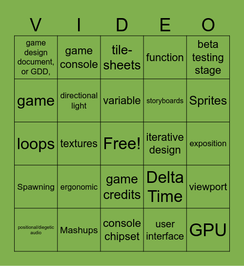 Video Game Design 1: Units 1-6 Bingo Card