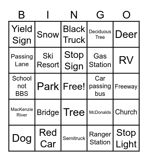 Bus Ride Bingo Card