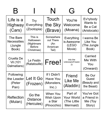 Disney Singo Bingo Card