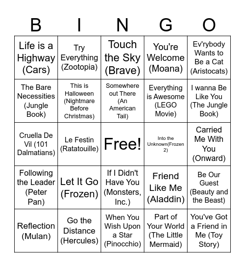 Disney Singo Bingo Card