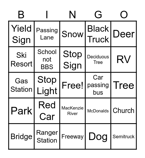 Bus Ride Bingo Card