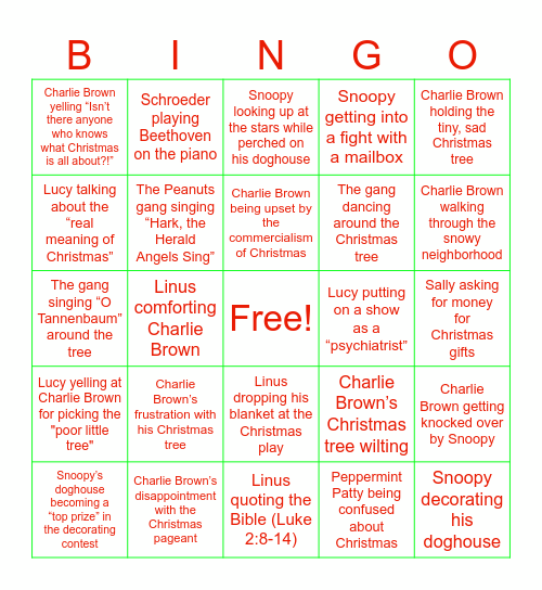 Charlie Brown Christmas Bingo Card