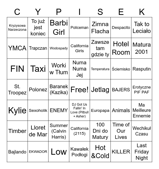 100 Muzyczne Bingo Card