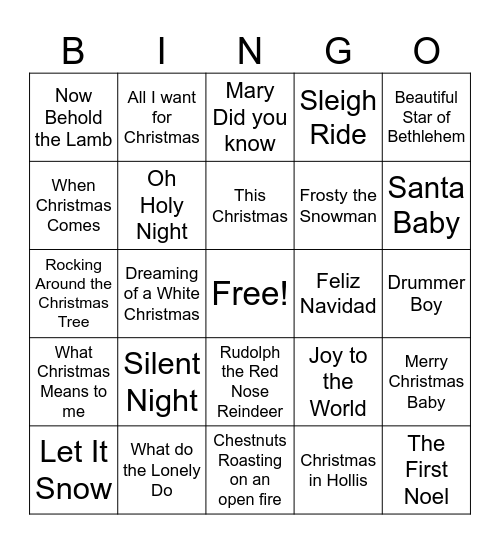 Holiday Song BINGO Card