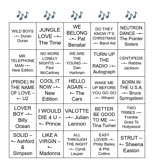 US Top 40 Singles DECEMBER 1984 Bingo Card