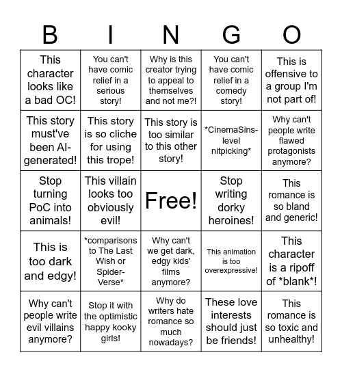 Social media critic bingo Card