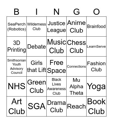 TMA Clubs Fair Bingo Card