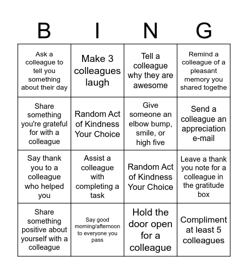 Workplace Random Acts of Kindness Bingo Card