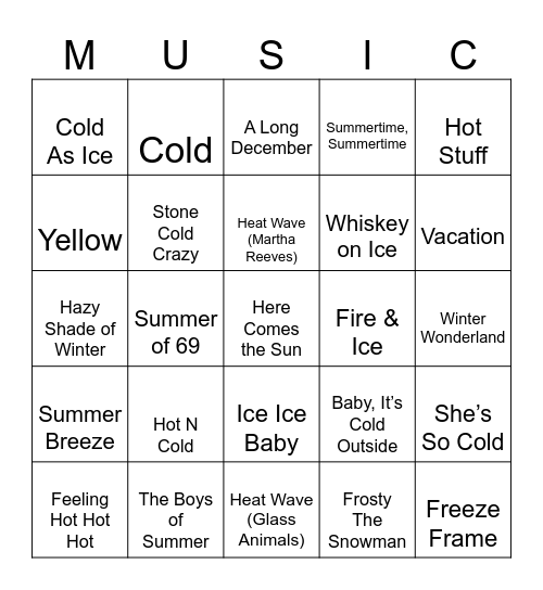 Hot and Cold Bingo Card