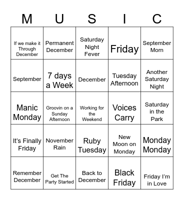 Calendar Songs Bingo Card