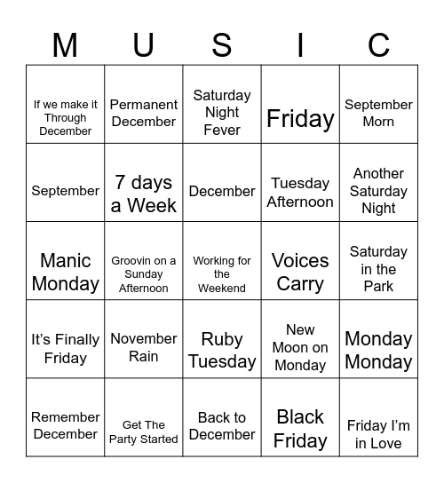 Calendar Songs Bingo Card