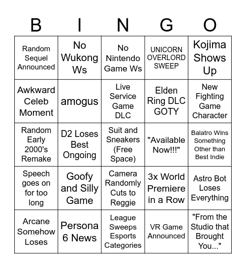 Game Awards 2024 Bingo Card