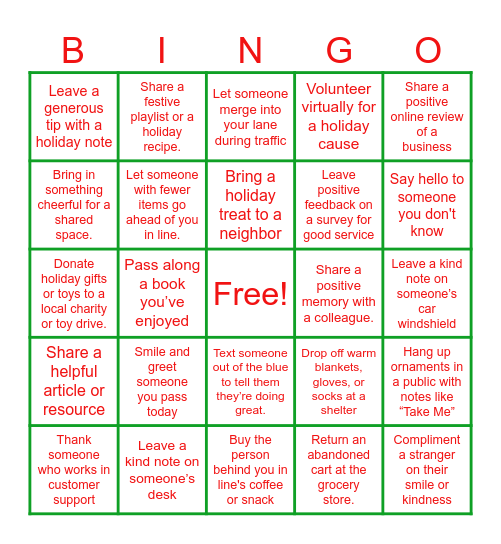 Kindness Challenge Bingo Card