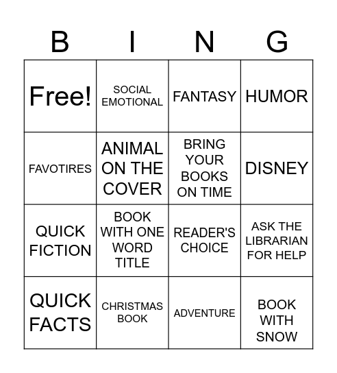 LIBRARY KINDERGARTEN Bingo Card