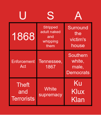Southern White Response To Reconstruction Bingo Card