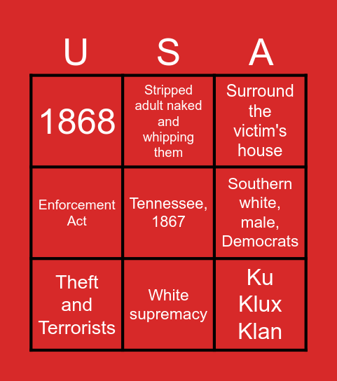 Southern White Response To Reconstruction Bingo Card