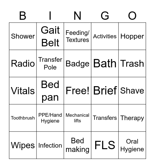 CNA Skills Fair Bingo Card