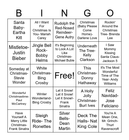 Christmas Song Bingo Card